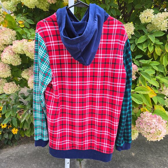 Lands' End Serious Sweats Hoodie Mixed Plaids Red Blue Green size Large (14-16) - Picture 4 of 16